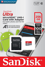 Load image into Gallery viewer, SanDisk 256GB Ultra microSDXC UHS-I Memory Card with Adapter - 100MB/s, C10, U1, Full HD, A1, Micro SD Card - SDSQUAR-256G-GN6MA
