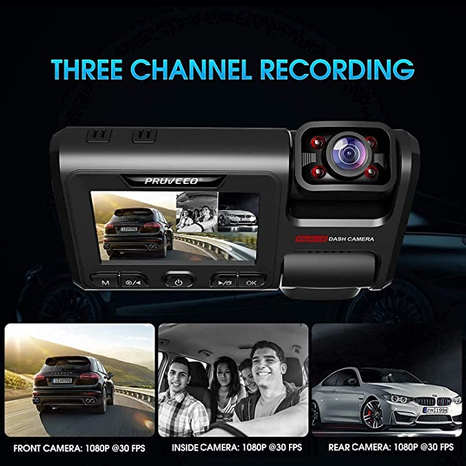 Dash Cam 3.0 inch IPS Screen with 3 channel Front,Interior,Rear Car Camera