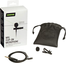 Load image into Gallery viewer, Shure MVL Omnidirectional Condenser Lavalier Microphone [1/8&quot; (3.5mm)] + Windscreen, Tie-Clip, Mount and Carrying Pouch, black
