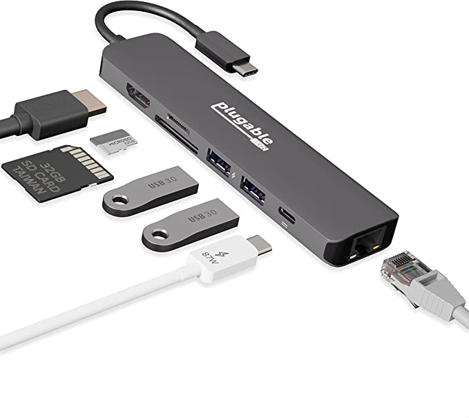 Plugable 7-in-1 USB C Hub Multiport Adapter with Ethernet - Compatible with Mac, Windows, Chromebook, Dell XPS and Thunderbolt 3 (87W Charging, Gigabit Ethernet, 4K HDMI, 2X USB, SD/microSD)