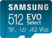 Load image into Gallery viewer, SAMSUNG EVO Select + Adapter 512GB microSDXC 130MB/s Full HD &amp; 4K UHD, UHS-I, U3, A2, V30 (MB-ME512KA/AM)

