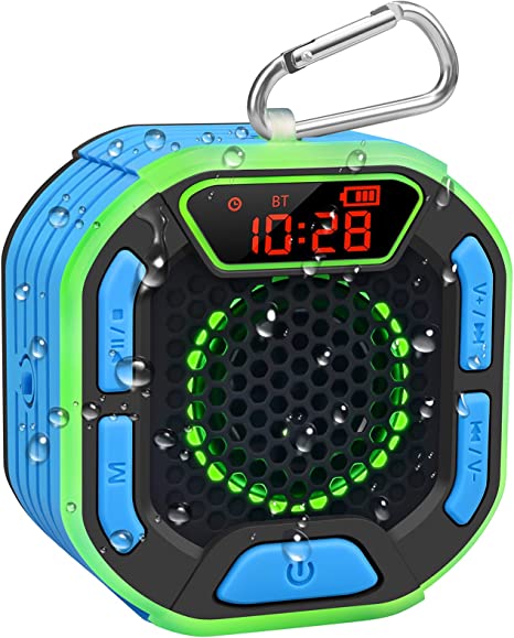 DuoTen Shower Speaker, IPX7 Waterproof Portable Bluetooth Speakers Shower Radio with Loud Stereo Sound, LED Display, Light Show, Suction Cup, Sturdy Hook for Home, Party, Outdoor, Travel, Pool, Hiking