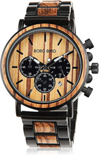 Load image into Gallery viewer, BOBO BIRD Wooden Mens Watches Stylish Wood &amp; Stainless Steel Combined Chronograph Military Quartz Casual Wristwatches
