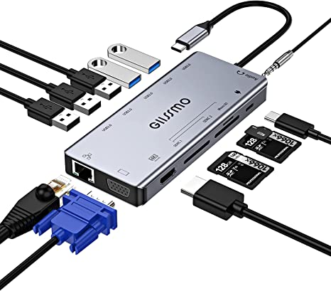 USB C HUB, GIISSMO 13-in-1 Docking Station, 4K HDMI, VGA, 100W PD, Ethernet, 5 USB, SD/TF Card Slots, Audio, USB C HUB Multiport Adapter for MacBook/HP/Dell/Surface/Lenovo Laptop