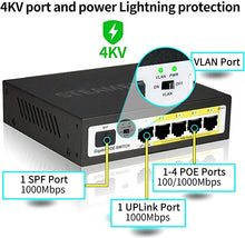 Load image into Gallery viewer, STEAMEMO 5 Port Gigabit Ethernet Unmanaged PoE Switch, 4 Gigabit PoE+ @52W Built-in Power, 1 Uplink Gigabit Port + 1 SFP Slot, VLAN Mode, 802.3af/at, Desktop/Wall-Mount, Plug &amp; Play
