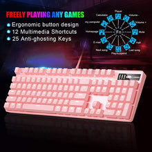 Load image into Gallery viewer, Pink Mechanical Gaming Keyboard and Mouse Combo Blue Switch 104 Keys White Backlit Keyboards, 7 Button Mouse Wired for Windows, Computer, Desktop, PC, Notebook, Laptop(Pink)
