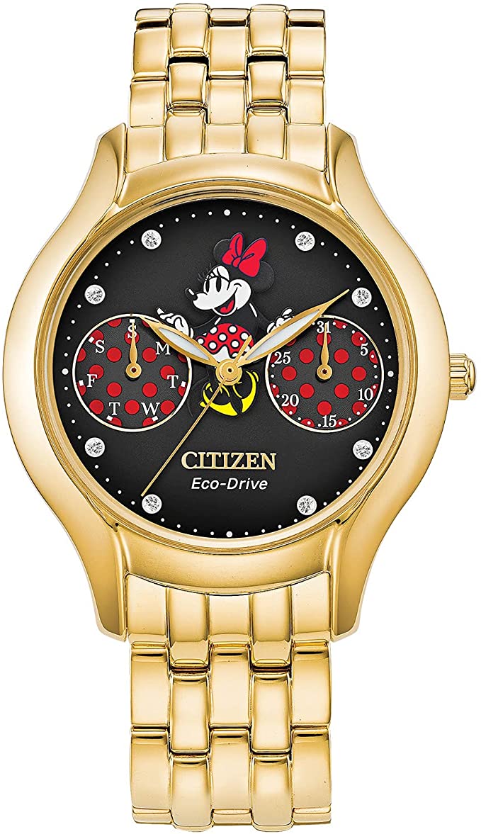 Citizen Eco-Drive Disney Quartz Womens Watch, Stainless Steel, Crystal, Minnie Mouse, Gold-Tone (Model: FD4018-55W)