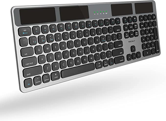 Macally Bluetooth Wireless Solar Keyboard for Mac (Upgraded) - Rechargeable via Any Light Source or Wire - Mac Bluetooth Keyboard with 21 Apple Shortcuts and 110 Keys - Connect 3 Devices - Space Gray