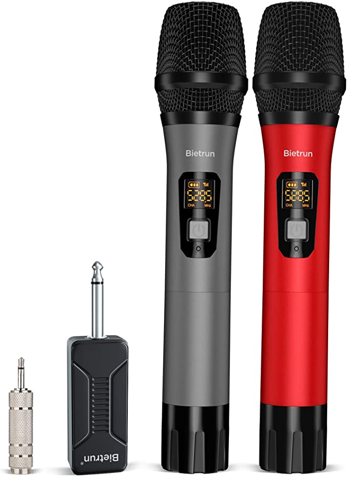 Bietrun Wireless Microphone, 160 ft Range, UHF Metal Dual Handheld Dynamic Mic Karaoke System with Rechargeable Receiver, 1/4‘’?1/8‘’Output, for Amplifier, PA System, Party Singing, Karaoke, Church
