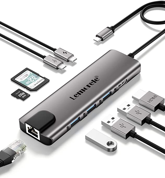 USB C Hub, Lemorele 9 in 1 USB C Hub Multiport Adapter w/Gigabit Ethernet, 100W PD, HDMI 4K, 3 USB 2.0, USB C Data Port, SD/TF Card Reader, Dongle Docking Station for MacBook Pro/Air HP Dell Laptops