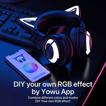 Load image into Gallery viewer, YOWU RGB Cat Ear Headphone 3G Wireless Bluetooth 5.0 Foldable Gaming Headset with 7.1 Surround Sound, Built-in Mic &amp; Customizable Lighting and Effect via APP, Type-C Charging Audio Cable-Black
