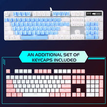 Load image into Gallery viewer, Mechanical Gaming Keyboard, 104 Keys White Backlit Mechanical Keyboards with Red Switches &amp; an Extra Set of Keycaps, MageGee Wired Ergonomic Computer Keyboard for Desktop, PC Gamers (White &amp; Blue)
