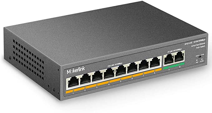 MokerLink 8 Port PoE Switch with 2 Gigabit Uplink, 802.3af/at PoE+ 100Mbps, 120W Built-in Power, Extend to 250Meter, Metal Plug & Play