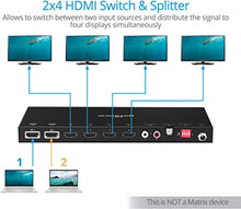 Load image into Gallery viewer, gofanco HDMI 2.0 2x4 Switcher Splitter with Audio Extractor – 4K 60Hz YUV 4:4:4, Auto Downscaling, HDR, HDCP 2.2/1.4, 18Gbps, EDID, Audio Converter to L/R RCA &amp; Toslink, 2 in 4 Out (HDSplit24)
