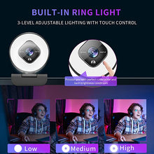 Load image into Gallery viewer, 1080P Webcam with Ring Light and Dual Microphone, Advanced Auto-Focus, Adjustable Brightness, 2021 JETAKU Streaming Web Camera for Zoom Skype YouTube, PC Mac Laptop Desktop
