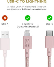 Load image into Gallery viewer, Native Union Belt Cable XL - 10ft Ultra-Strong Reinforced Durable USB-C to Lightning [MFi Certified] Charging Cable with Leather Strap Compatible with iPhone/iPad (Rose)
