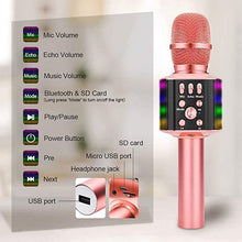 Load image into Gallery viewer, BONAOK Wireless Bluetooth Karaoke Microphone with controllable LED Lights, 4 in 1 Portable Karaoke Machine Mic Speaker Birthday Home Party for All Smartphones PC(Q36 Rose Gold)
