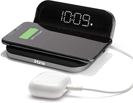 iHome iW18 Compact Digital Alarm Clock with USB and Qi Wireless Charging for iPhone 13, 13 Pro ,13 Mini 12,11, XR, XS, X, 8, Galaxy S20, Z Flip, Fold, S10, S9, S8, Note 10, 9 and More (Black)