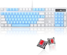 Load image into Gallery viewer, Mechanical Gaming Keyboard, 104 Keys White Backlit Mechanical Keyboards with Red Switches &amp; an Extra Set of Keycaps, MageGee Wired Ergonomic Computer Keyboard for Desktop, PC Gamers (White &amp; Blue)
