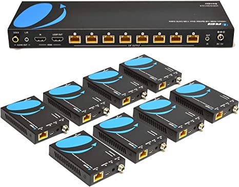 1x8 HDMI Extender Splitter 4K by OREI Multiple Over Single Cable CAT6/7 4K@60Hz 4:4:4 HDCP 2.2 with IR Remote EDID Management - Up to 115 Ft - Loop Out - Low Latency - Full Support