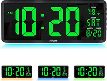 Load image into Gallery viewer, YORTOT 16” Large Digital Wall Clock with Remote Contol and 7 Night Lights, 4 Level Dimmer, Big LED Clock with Indoor Temperature, Date, Wall Mount/Fold Out Stand, Perfect for Home, Office, Gym (Green)
