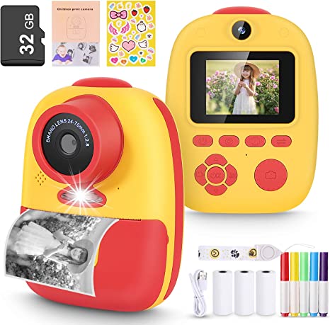 Instant Camera for Kids, Zero Ink Print Digital Camera with Paper Films, Cartoon Sticker and Color Pencils, Selfie Video Camera with Dual Lens and 32GB Card,Toys Gifts for Boys Girls 3-10