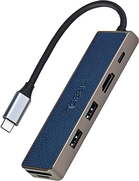 TGEEK Stylish PU Leather USB C Hub, 6-in-1 Type-C Multi-Port Adapter, 4K HDMI (@30Hz), TF and SD Card Readers, 2 USB 3.0 Ports, 100W USB-C Power Delivery, for MacBook and Other USB C Devices (Navy)