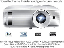 Load image into Gallery viewer, Optoma HD39HDR High Brightness HDR Home Theater Projector | 120Hz Refresh Rate | 4000 lumens | Fast 8.4ms Response time with 120Hz | Easy Setup with 1.3X Zoom | 4K Input | Quiet Operation 26dB
