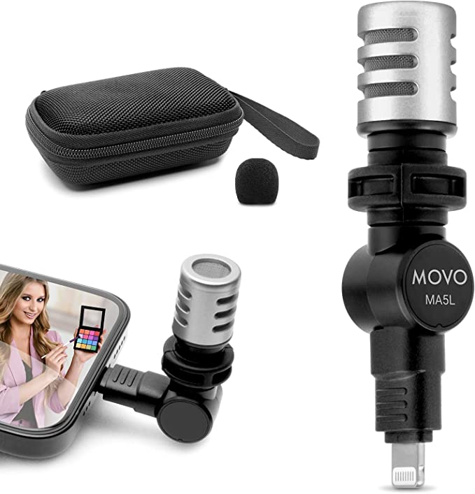 Movo MA5L External Microphone for iPhone, iPad, iOS - Mini Mic for iPhone with MFi-Certified Lightning Jack, 180° Swivel - Apple Smartphone Microphone for Video Recording, Vlogging, Music, Interviews