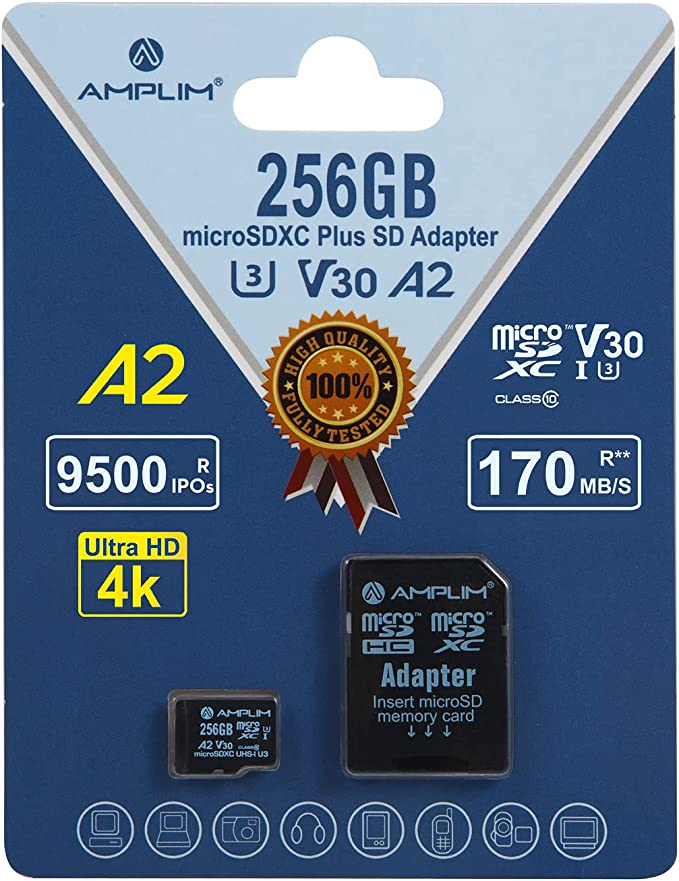 Amplim 256GB Micro SD Card, New 2021 MicroSD Memory Plus Adapter, Extreme High Speed 170MB/S A2 MicroSDXC U3 Class 10 V30 UHS-I for Nintendo-Switch, GoPro Hero, Surface, Phone, Camera Cam, Tablet