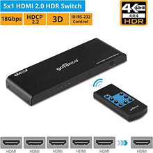 Load image into Gallery viewer, gofanco 4K 60Hz 5x1 HDMI 2.0 Switch with IR Remote Control – 5 Port HDMI Switch Switcher Selector 4K @60Hz 4:4:4, HDR, 3D, HDMI 2.0, HDCP 2.2, 18Gbps, 5 in 1 Out, 5 to 1 (HDRswitch5P)
