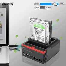 Load image into Gallery viewer, VSVABEFV HDD Docking Station SATA Hard Drive Docking Station Hard Drive Enclosure 2.5&quot;/3.5&quot; USB 3.0 to 2 SATA Ports 1 IDE Port External HDD Hard Drive Card Reader USB3.0 Hub with OTB/OTC Offline
