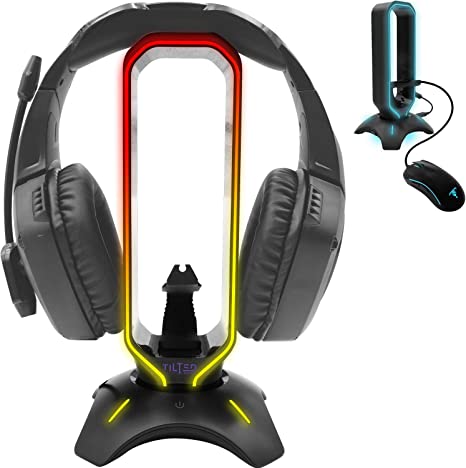 Tilted Nation RGB Headset Stand and Gaming Headphone Stand Display with Mouse Bungee Cord Holder - Gaming Headset Holder with USB 3.0 Hub for Wired or Wireless Headsets for Xbox, PS4, PC