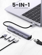 Load image into Gallery viewer, UGREEN USB C Hub Ethernet, 5 in 1 Multi Port Adapter with Gigabit Ethernet Port 4K HDMI USB C PD Charging and 2 USB 3.0 Compatible with MacBook, iPad Pro, XPS, Pixelbook, Surface, Chromebook and More
