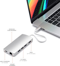 Load image into Gallery viewer, Satechi Aluminum Multi-Port Adapter V2-4K HDMI (60Hz), Gigabit Ethernet, USB-C Pass-Through, SD/Micro Card Readers, USB 3.0 - Compatible with 2020 MacBook Pro, 2020 MacBook Air (Silver)
