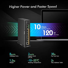 Load image into Gallery viewer, MokerLink 8 Port PoE Switch with 2 Gigabit Uplink, 802.3af/at PoE+ 100Mbps, 120W Built-in Power, Extend to 250Meter, Metal Plug &amp; Play
