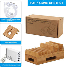 Load image into Gallery viewer, Pezin &amp; Hulin Bamboo Charging Station Holder with 5 Port USB Charger, Watch Stand, 5 x Charge Cable, Wood Docking Stand Electronic Organizer for Multiple Devices, Phones, Tablets, Laptop and More
