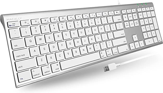 Macally Ultra Slim USB Wired Computer Keyboard - Works as Windows or Mac Wired Keyboard - Full Size Keyboard with 20 Apple Shortcut Keys - Mac Keyboard with Number Pad - Silver Aluminum Finish