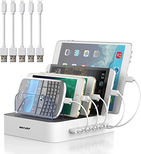 Charging Station for Multiple Devices, MSTJRY 5 Port Multi USB Charger Station with Power Switch Compatible with iPhone iPad Cell Phone Tablets (White, 5 Mixed Short Cables Included)