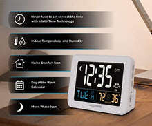 Load image into Gallery viewer, AcuRite Intelli-Time Digital Alarm Clock for Bedroom with USB Charger, Indoor Temperature and Humidity for Heavy Sleepers (13040CA)
