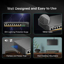 Load image into Gallery viewer, MokerLink 8 Port PoE Switch with 2 Gigabit Uplink, 802.3af/at PoE+ 100Mbps, 120W Built-in Power, Extend to 250Meter, Metal Plug &amp; Play
