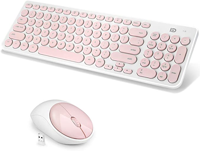 Wireless Keyboard and Mouse Combo, FD iK6630 2.4GHz Cordless Cute Round Key Set Whisper-Quiet Slim Combo for Laptop, Computer,TV and Mac (Salmon Pink & White)