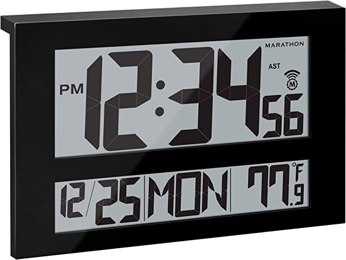 MARATHON Commercial Grade Jumbo Atomic Self-Setting Self-Adjusting Wall Clock w/Stand, Batteries Included (Black)
