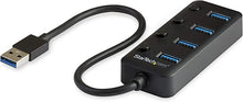 Load image into Gallery viewer, StarTech.com 4 Port USB 3.0 Hub - USB-A to 4x USB 3.0 Type-A with Individual On/Off Port Switches - SuperSpeed 5Gbps USB 3.1/3.2 Gen 1 - USB Bus Powered - Portable - 9.8&quot; Attached Cable (HB30A4AIB)
