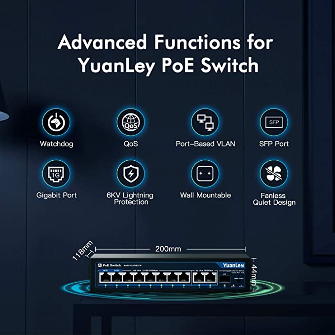 YuanLey 11 Port Gigabit PoE Switch, 8 PoE+ Port 1000Mbps, 2