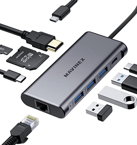 USB C Hub 9 in 1, MAVINEX USB C Adapter 4K to HDMI, 100W Power Delivery, 5Gbps USB-C Data Port, 3 USB 3.0 Ports, MicroSD/TF, 1Gbps Ethernet Docking Station for MacBook, Dell XPS, More Type C Devices