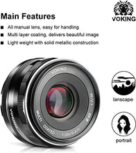Load image into Gallery viewer, Voking 35mm F1.7 Large Aperture Manual Fixed Lens APS-C for Sony E Mount Mirrorless Cameras NEX 3 3N 5 NEX 5T NEX 5R NEX 6 7 A6400 A5000 A5100 A6600 A6000 A6100 A6300 A6500 A3000
