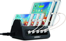 Load image into Gallery viewer, UDOLI 5 USB Ports Charging Station Organizer for Multiple Devices Fast Charging Desktop Stand for Apple Android Phone Tablet 1600W 2 AC Power Outlets Charger Dock for Home Office 3 Prong Cord Black
