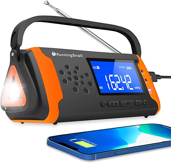 RunningSnail 4000mAh Emergency NOAA Weather Alert Radio, Hand Crank Solar Radio With Battery Operated, LCD Display, AUX Music Play, Flashlight, SOS Alarm, Emergency Phone Charger for Outdoor Emergency