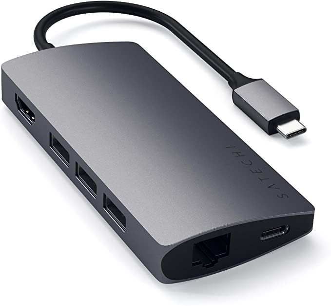 Satechi Aluminum Multi-Port Adapter V2 - 4K HDMI (60Hz), Gigabit Ethernet, USB-C Charging, SD/Micro Card Readers, USB 3.0 - Compatible with 2020 MacBook Air, 2020 MacBook Pro (Space Gray)